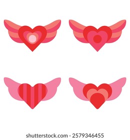 Elegant winged heart vector set in red and pink