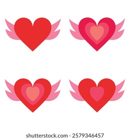 Elegant winged heart vector set in red and pink