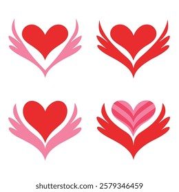 Elegant winged heart vector set in red and pink