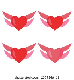 Elegant winged heart vector set in red and pink