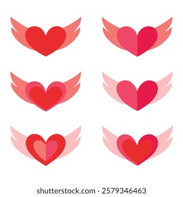 Elegant winged heart vector set in red and pink