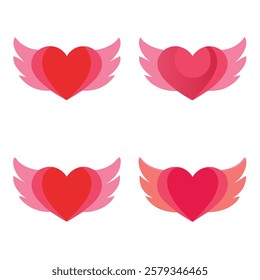 Elegant winged heart vector set in red and pink