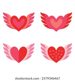 Elegant winged heart vector set in red and pink