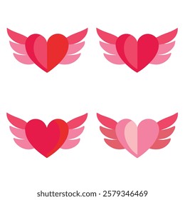 Elegant winged heart vector set in red and pink