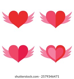 Elegant winged heart vector set in red and pink