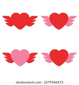 Elegant winged heart vector set in red and pink