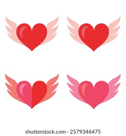 Elegant winged heart vector set in red and pink