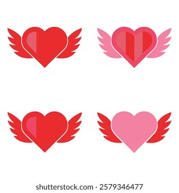 Elegant winged heart vector set in red and pink