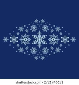 Elegante Winterkulisse mit einem rautenförmigen Haufen weißer Schneeflocken auf tiefblauem Hintergrund. Perfekt für Urlaubskarten und saisonale Themen.