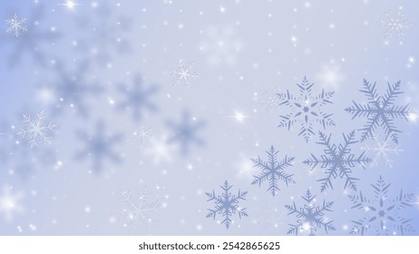 Elegante fondo de invierno con delicados copos de nieve y suave efecto bokeh escarchado en un degradado azul claro, ideal para diseños festivos de vacaciones.