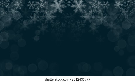 Elegant winter background with falling snowflakes and soft bokeh lights, perfect for holiday designs, seasonal greetings, and festive decorations.