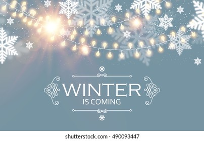 Elegant Winter Background with Light Garlands and Snowflakes. Seasonal Christmas Wallpaper. Vector illustration