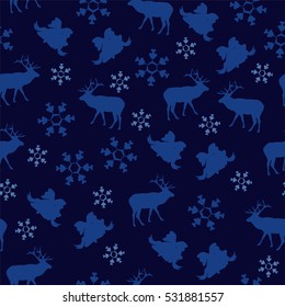 Elegant winter background with snowflake, deer and Christmas ball on the dark blue background. Stylish Christmas decoration. Vector ornament for New Year.