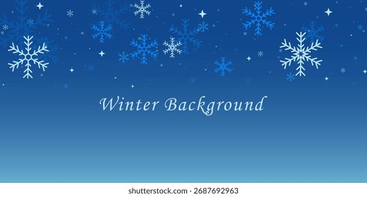 Elegante fondo de invierno con copos de nieve, nevadas y estrellas en el cielo azul. Tarjeta decorativa de la invitación, Fondo de pantalla de saludo y Anuncio. Ilustración vectorial