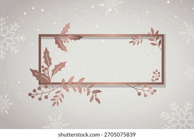 Fundo de inverno elegante com um fundo cinza macio, com flocos de neve e uma armação de cobre com folhas holly. Tons de cinza e cobre. Fundo de inverno com vetor de espaço de cópia.