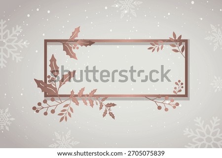 Elegant winter background with a soft gray background, featuring snowflakes and a copper frame with holly leaves. Gray and copper tones. Winter background with copy space vector.