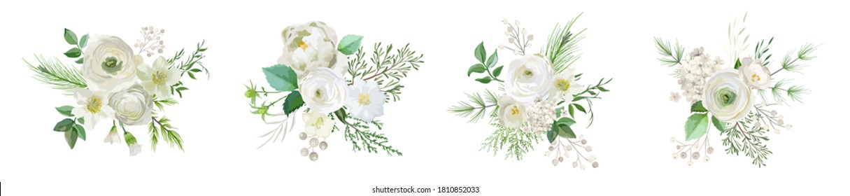 Elegant Winter bouquetes, Evergreen pine brunches, pale rose, white hydrangea, ranunculus flowers, eucalyptus, rowan berry, greenery leaves, floral elements. Vector isolated illustration set