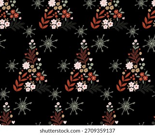 Patrón elegante del árbol de navidad del invierno en un fondo negro, ideal para el empaquetado festivo, los textiles, y los diseños del día de fiesta.