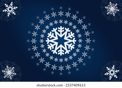 Elegant winter design featuring a central snowflake surrounded by smaller snowflakes in a circular pattern on a dark blue background. Perfect for holiday greetings, seasonal decorations, and winter.