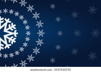 Elegant winter design featuring a central snowflake surrounded by smaller snowflakes in a circular pattern on a dark blue background. Perfect for holiday greetings, seasonal decorations, and winter.