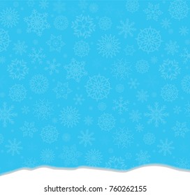 Elegant winter festive  blue background with  snowflakes falling on snowy ground. Christmas or new year surface with space for text. Vector illustration, banner, poster.