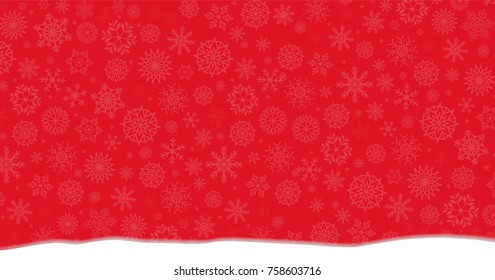 Elegant winter festive  red background with fallen snowflakes and snowdrifts. Christmas or new year surface with space for text. Vector illustration, banner, poster.