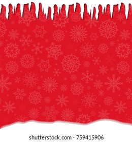 Elegant winter festive  red template with fallen snowflakes, icicles and snow drifts. Christmas or new year template with space for text. Vector illustration, banner, poster.