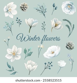 Elegant winter floral elements with flowers and leaves, perfect for wedding invitations, seasonal decor, and festive design projects.