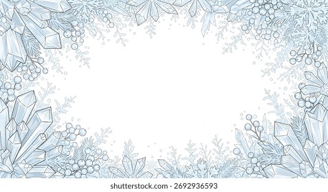 Eleganter Winterrahmen mit funkelnden Kristallen und zarten Schneeflocken für Urlaubsgrüße und saisonale Designs, die einen Hauch von frostiger Magie bieten