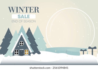 Elegant winter sale banner with snow, a cozy house, pine trees, stands, gifts. Perfect for promoting end-of-season sales, holiday discounts, or winter-themed events. Template for winter sale banners.