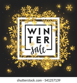 Elegant Winter Sale lettering design with shining gold glittering snowflakes in white frame on black background. Christmas decoration with sparkling light effect. Vector illustration EPS 10