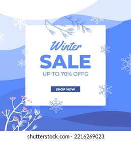 elegant winter sale offer banner promotion with branch leaves seasonal and snowflake