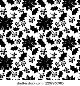 Elegant winter seamless pattern with hand drawn holly berries and poinsettia flowers. Vector illustration. Handmade floral pattern. Can be used for holiday invitations, greeting cards,  gift wrap.