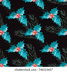Elegant winter seamless pattern with hand drawn holly berries, design elements. Can be used for holiday invitations, greeting cards, scrapbooking, print, gift wrap, manufacturing. Watercolor style