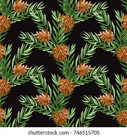 Elegant winter seamless pattern with hand drawn fir tree branches and cons, design elements. Can be used for holiday invitations, greeting cards, print, gift wrap, manufacturing. Watercolor style