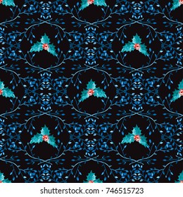Elegant winter seamless pattern with hand drawn holly berries, design elements. Can be used for holiday invitations, greeting cards, scrapbooking, print, gift wrap, manufacturing. Watercolor style