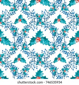 Elegant winter seamless pattern with hand drawn holly berries, design elements. Can be used for holiday invitations, greeting cards, scrapbooking, print, gift wrap, manufacturing. Watercolor style