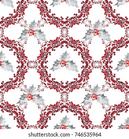 Elegant winter seamless pattern with hand drawn holly berries, design elements. Can be used for holiday invitations, greeting cards, scrapbooking, print, gift wrap, manufacturing. Watercolor style