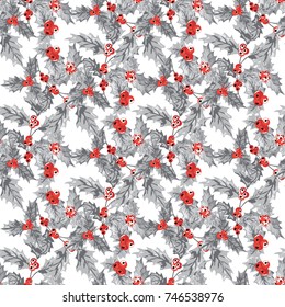 Elegant winter seamless pattern with hand drawn holly berries, design elements. Can be used for holiday invitations, greeting cards, scrapbooking, print, gift wrap, manufacturing. Watercolor style