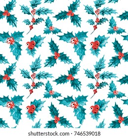 Elegant winter seamless pattern with hand drawn holly berries, design elements. Can be used for holiday invitations, greeting cards, scrapbooking, print, gift wrap, manufacturing. Watercolor style