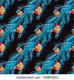 Elegant winter seamless pattern with hand drawn pine branches, design elements. Can be used for holiday invitations, greeting cards, scrapbooking, print, gift wrap, manufacturing. Watercolor style.