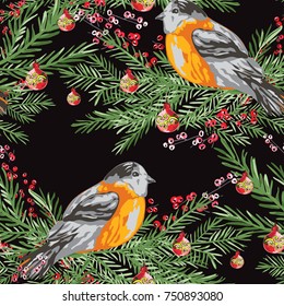 Elegant winter seamless pattern with hand drawn birds, design elements. Can be used for holiday invitations, greeting cards, scrapbooking, print, gift wrap, manufacturing. Watercolor style.