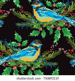 Elegant winter seamless pattern with hand drawn birds, design elements. Can be used for holiday invitations, greeting cards, scrapbooking, print, gift wrap, manufacturing. Watercolor style.