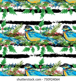 Elegant winter seamless pattern with hand drawn birds, design elements. Can be used for holiday invitations, greeting cards, scrapbooking, print, gift wrap, manufacturing. Watercolor style.