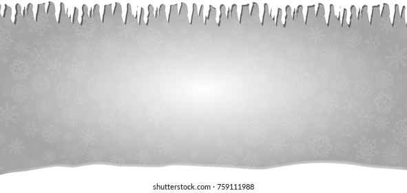 Elegant winter silver snowy banner with icicles, snowdrift and falling snowflakes. Christmas, new year seasonal vector template.