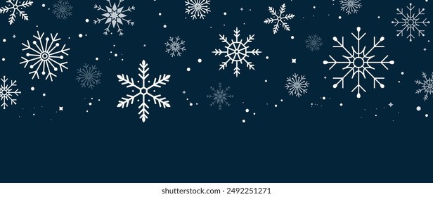Elegant winter snowflake background vector illustration. Decorative snowflake and snowfall on navy blue background. Design suitable for invitation card, greeting, wallpaper, poster, banner.