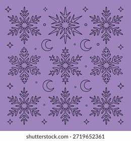 Elegante inverno floco de neve padrão Design Ilustração com luas e estrelas em um fundo roxo sereno