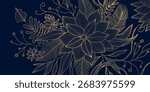 Elegant winter vector background, golden floral pattern, branches, holly ornament, modern festive style. Christmas card, banner, luxury postcard, decorative template