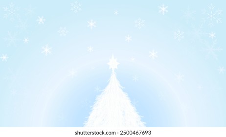 Elegante Vector invernal con un árbol de Navidad blanco escarchado adornado con una estrella en la parte superior, rodeado de delicados copos de nieve sobre un fondo azul suave degradado.