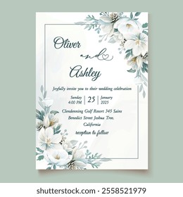 Elegant winter wedding invitation template featuring delicate white watercolor flowers, creating a soft and romantic design for special events.